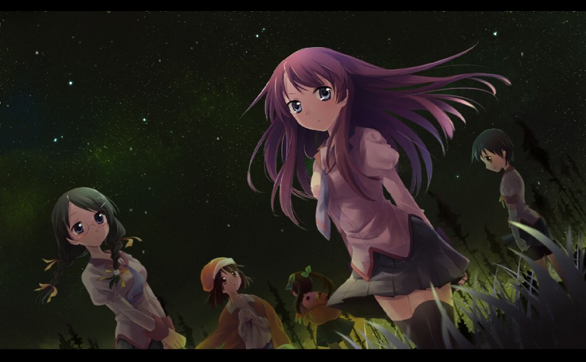 senjougahara hitagi, hanekawa tsubasa, sengoku nadeko, hachikuji mayoi, and kanbaru suruga (monogatari and 2 more) drawn by kuguri_oimo