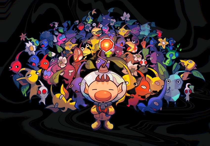 red pikmin, olimar, yellow pikmin, blue pikmin, purple pikmin, and 7 more (pikmin) drawn by bajinns