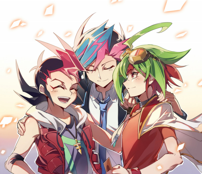 sakaki yuya, fujiki yusaku, and tsukumo yuma (yu-gi-oh! and 3 more) drawn by modela_(baka_x_orange)