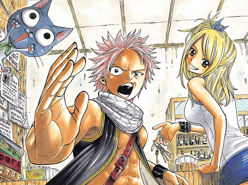 lucy heartfilia, natsu dragneel, and happy (fairy tail) drawn by mashima_hiro