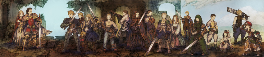 cloud strife, agrias oaks, ramza beoulve, ovelia atkascha, balthier, and 12 more (final fantasy and 1 more) drawn by maeka_(kumaekake)