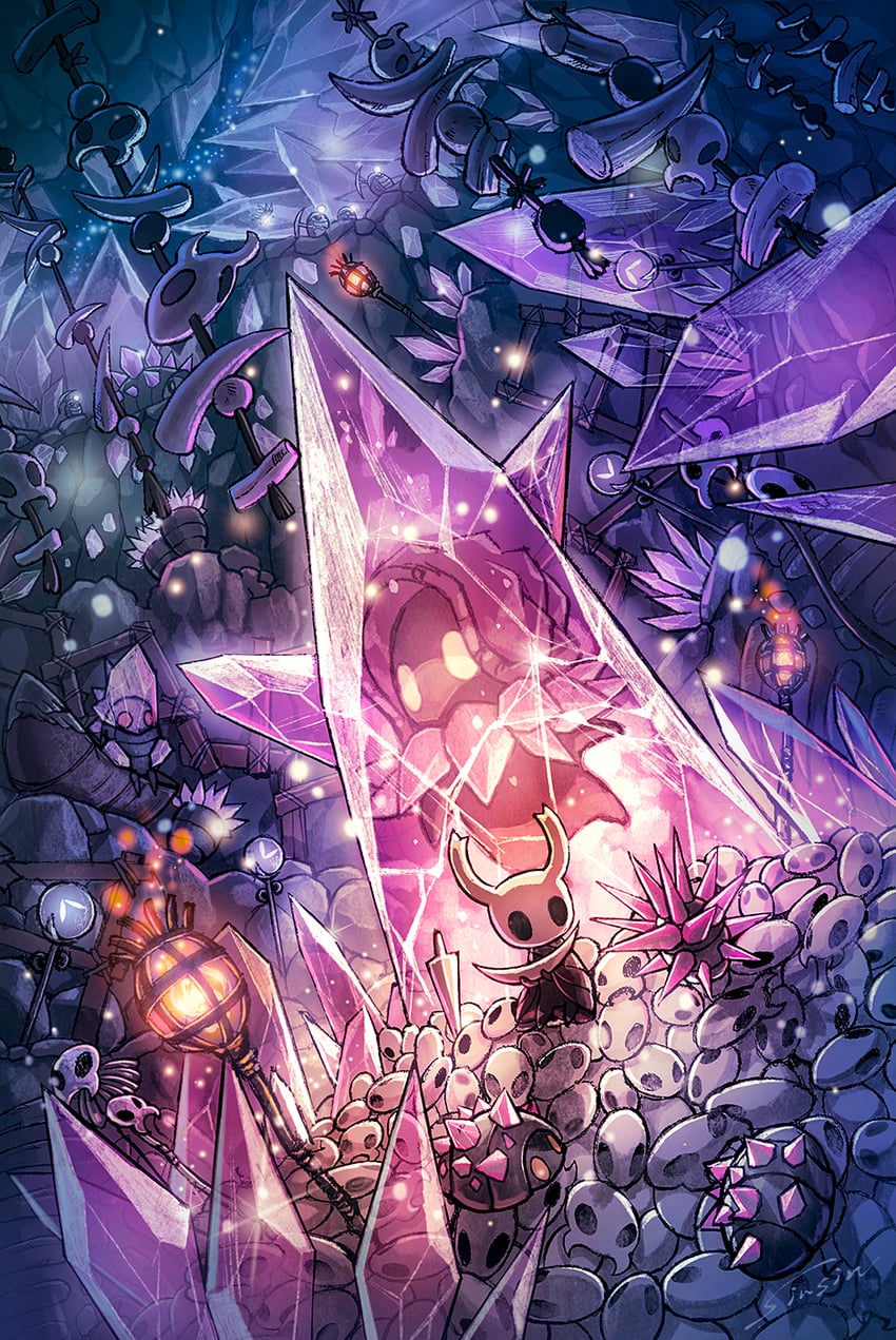knight, crystal guardian, husk miner, shardmite, snail shaman, and 1 more (hollow knight) drawn by mamoru_mikokoro