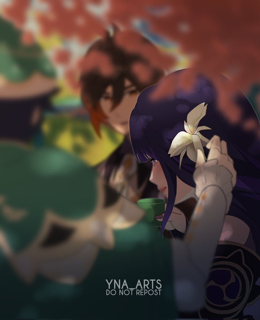 raiden shogun, zhongli, and venti (genshin impact) drawn by yna_arts