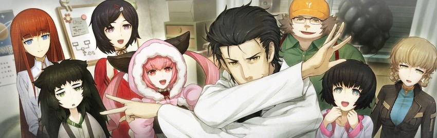 okabe rintarou, shiina mayuri, amane suzuha, urushibara luka, akiha rumiho, and 3 more (steins;gate and 1 more) drawn by huke