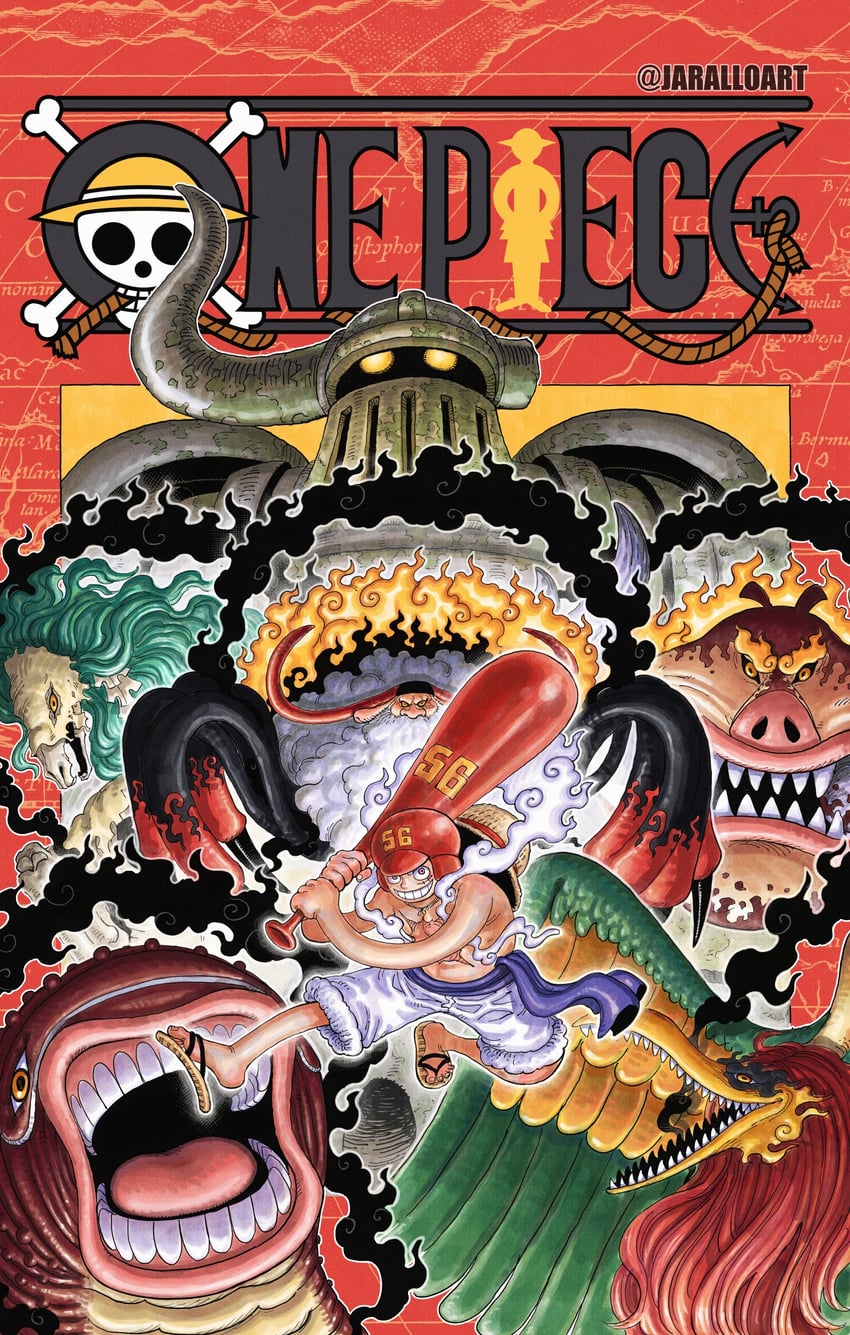 monkey d. luffy, jaygarcia saturn, ethan-baron v. nusjuro, marcus mars, topman warcury, and 2 more (one piece) drawn by jaralloart