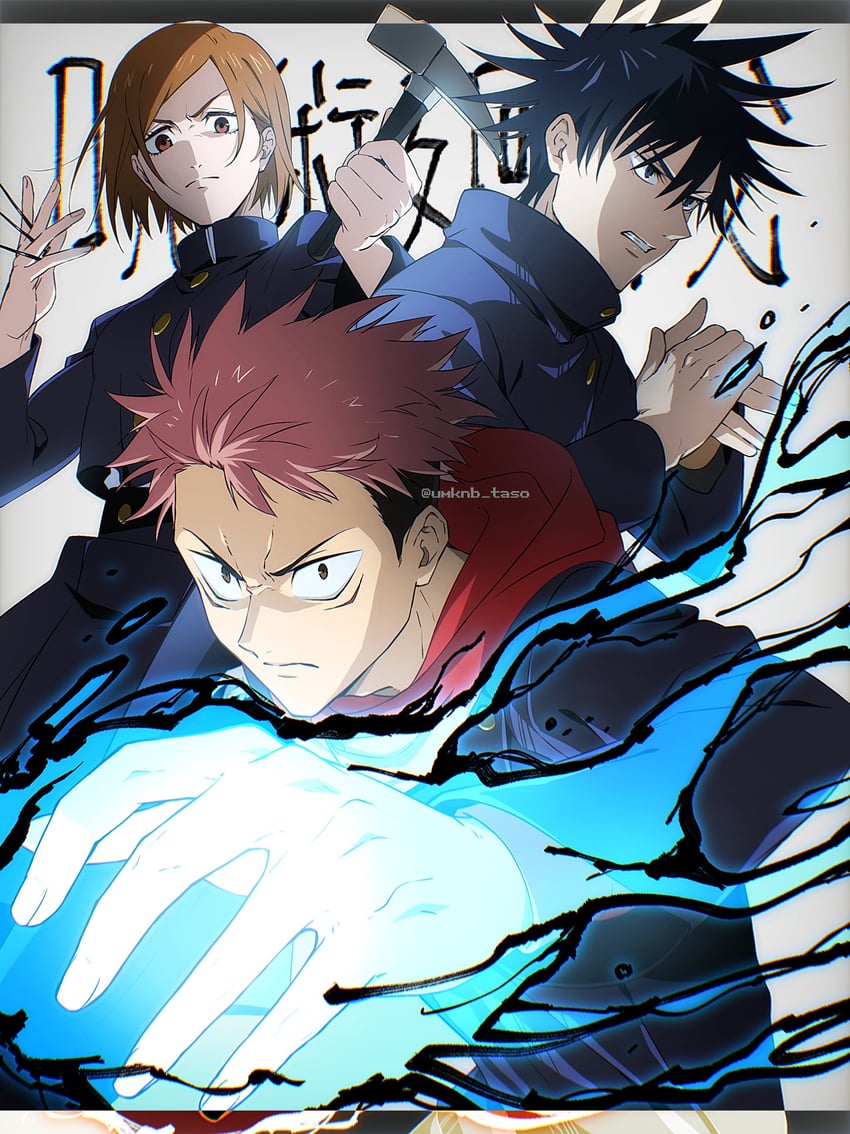 itadori yuuji, fushiguro megumi, and kugisaki nobara (jujutsu kaisen) drawn by taso_(harutsukimikan)