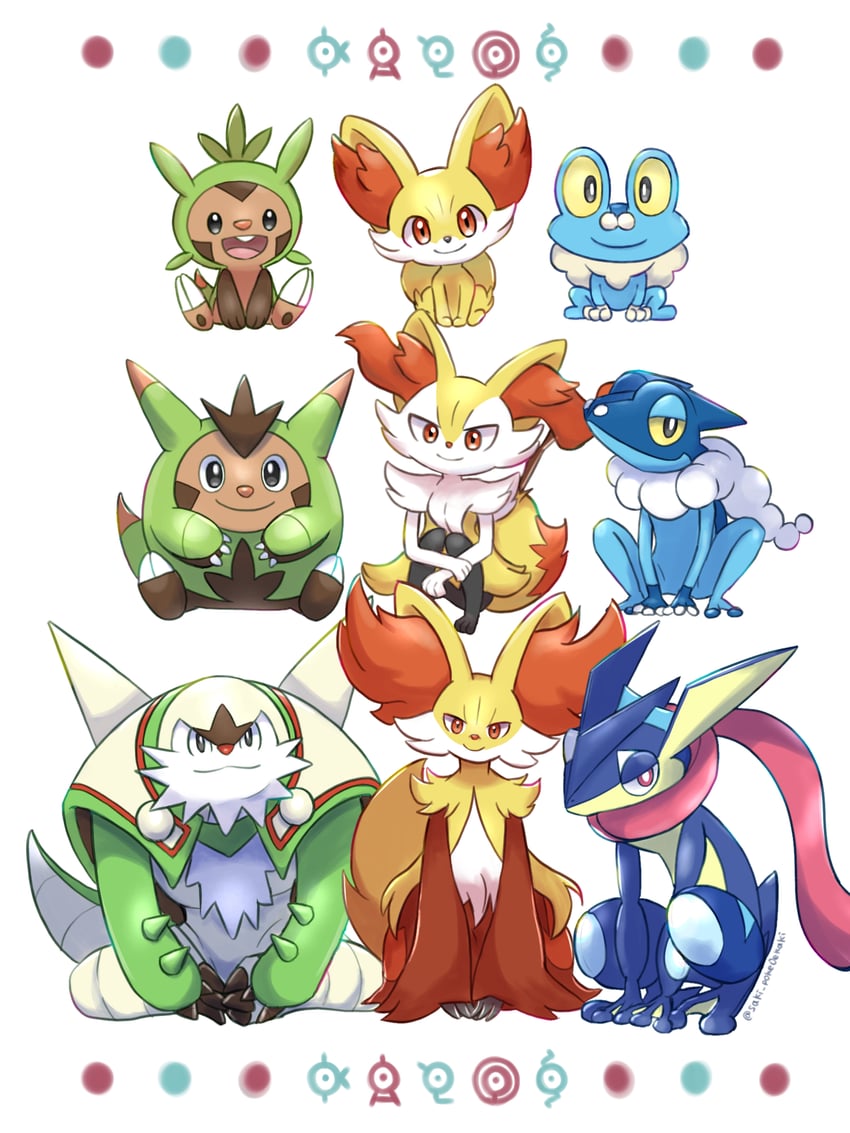 braixen, fennekin, greninja, chespin, froakie, and 10 more (pokemon) drawn by saki_pokeoekaki
