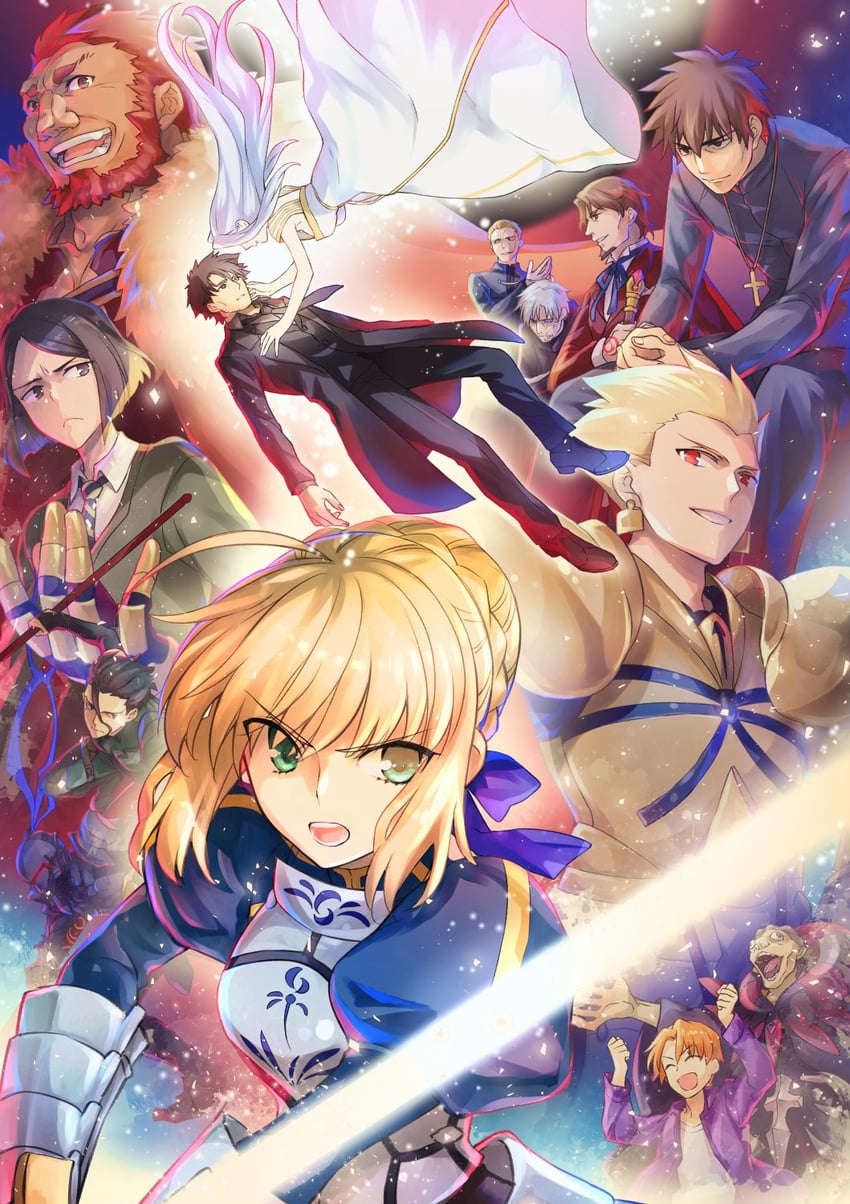 artoria pendragon, gilgamesh, kotomine kirei, iskandar, waver velvet, and 9 more (fate and 1 more) drawn by yakan_(kusogaki_teikoku)