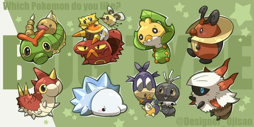 joltik, cutiefly, snom, caterpie, weedle, and 8 more (pokemon) drawn by designer_ojisan