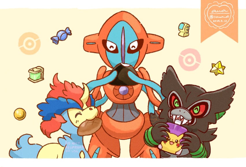 pikachu, deoxys, keldeo, and zarude (pokemon) drawn by oawa_oo