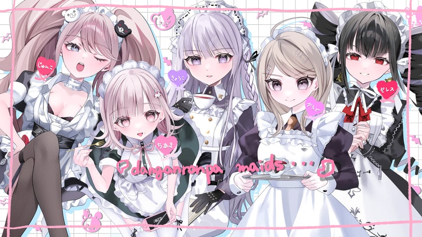 nanami chiaki, akamatsu kaede, kirigiri kyoko, enoshima junko, monokuma, and 2 more (danganronpa and 3 more) drawn by hanahusa