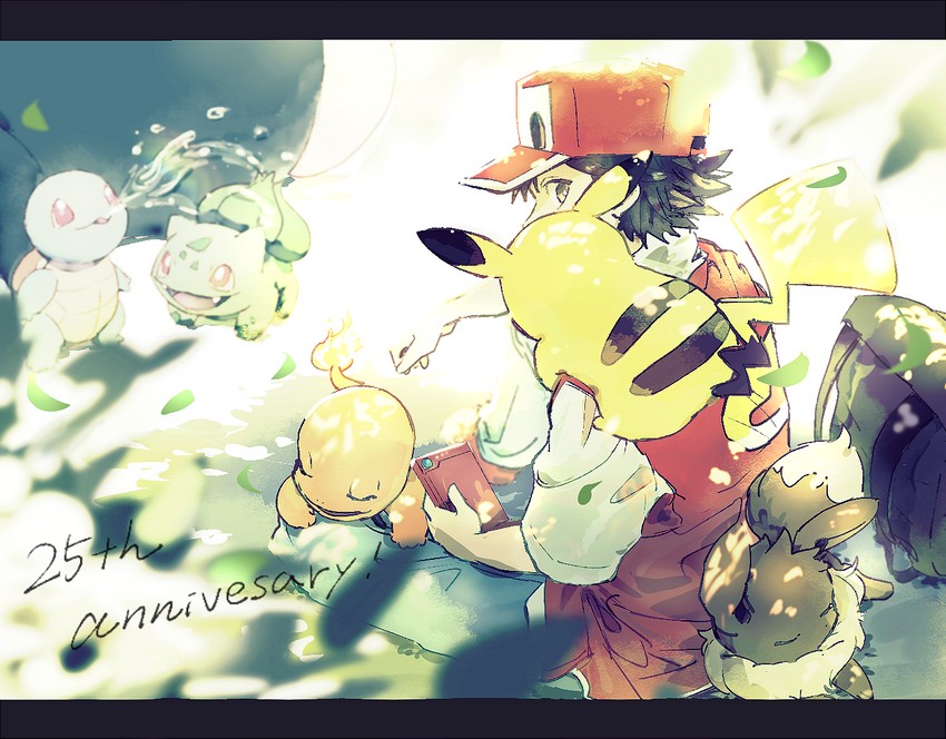 pikachu, red, eevee, bulbasaur, squirtle, and 1 more (pokemon and 1 more) drawn by nao_(naaa_195)