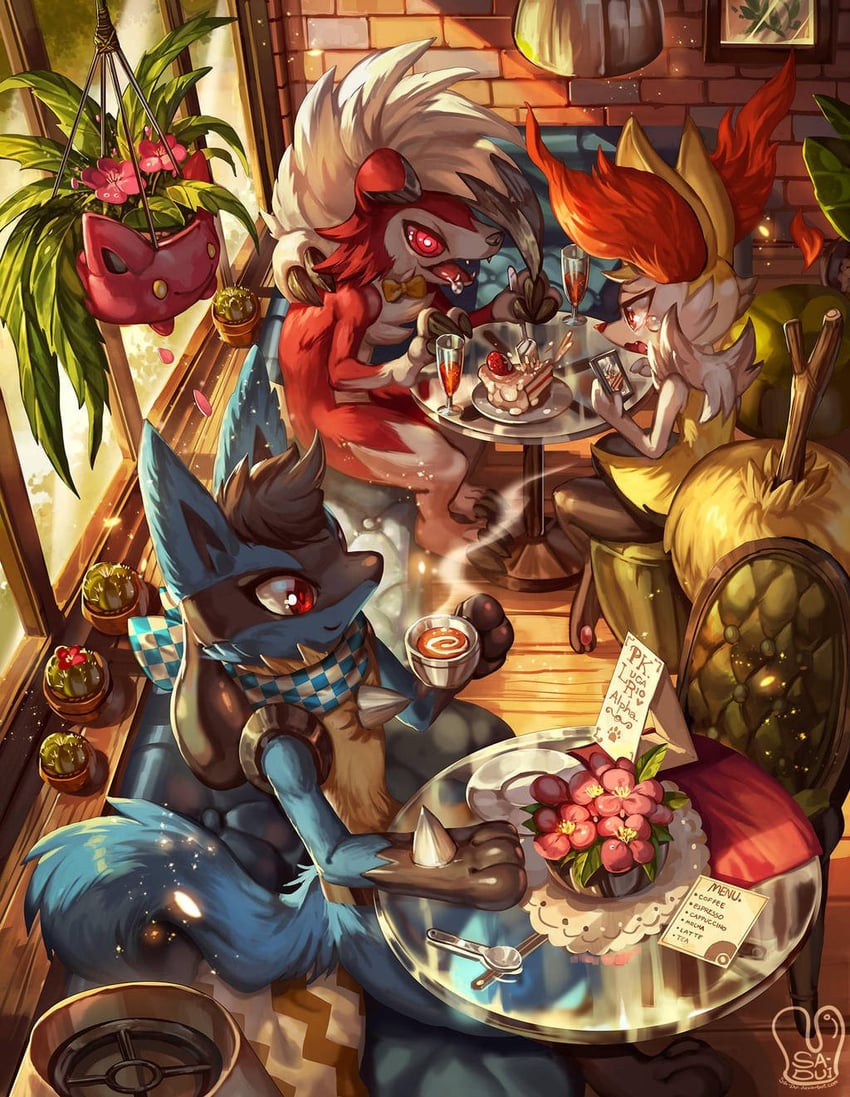 lucario, braixen, lycanroc, and hoppip (pokemon) drawn by sa-dui