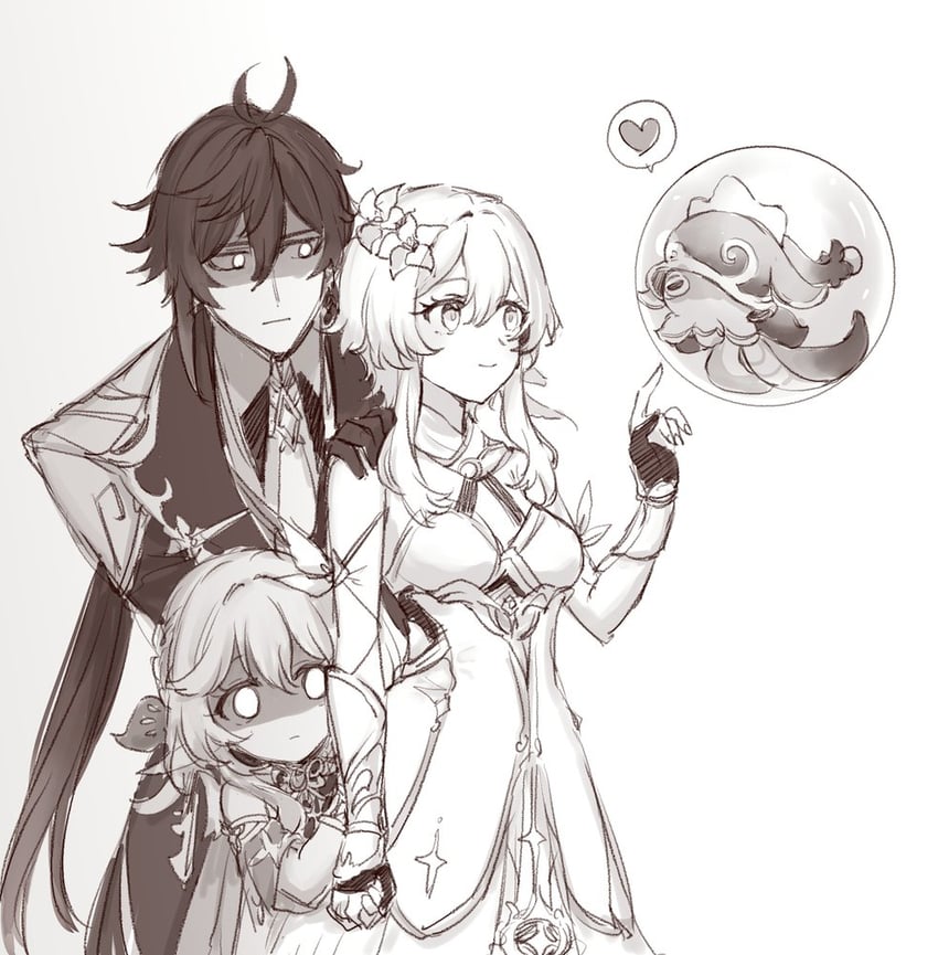 lumine, nahida, zhongli, and itty bitty octobaby (genshin impact) drawn by sbs