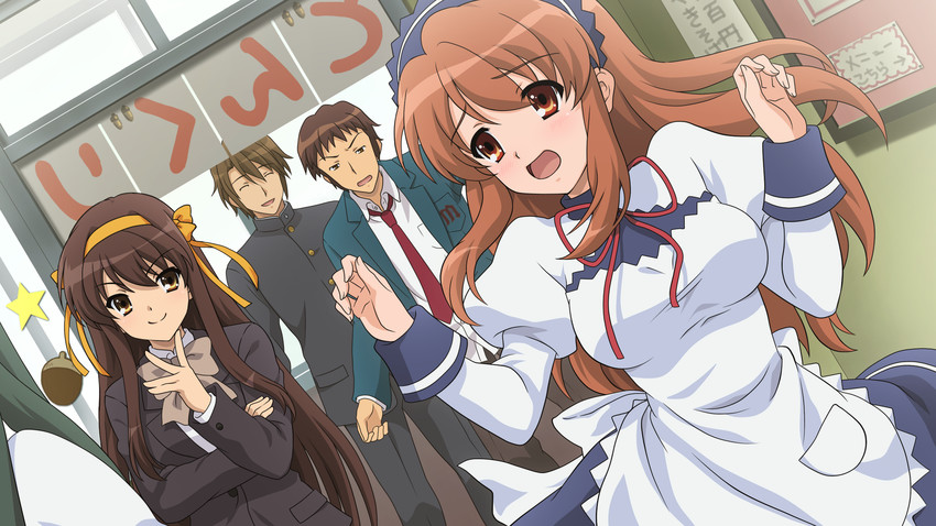 suzumiya haruhi, asahina mikuru, kyon, and koizumi itsuki (suzumiya haruhi no yuuutsu and 2 more)