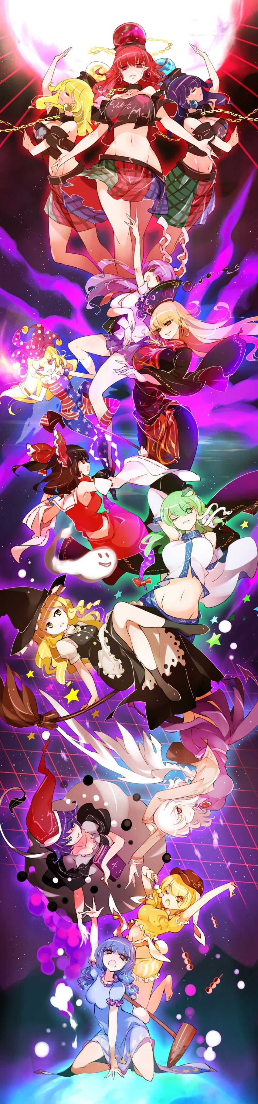 hakurei reimu, kirisame marisa, kochiya sanae, reisen udongein inaba, clownpiece, and 7 more (touhou and 3 more) drawn by raptor7