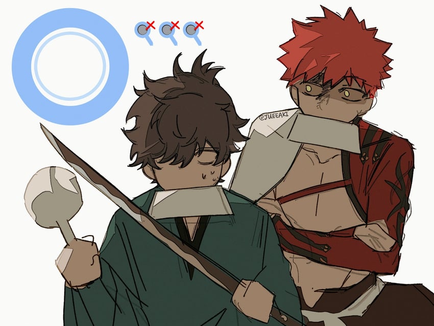 emiya shirou, senji muramasa, and miyamoto iori (fate and 2 more) drawn by eeju
