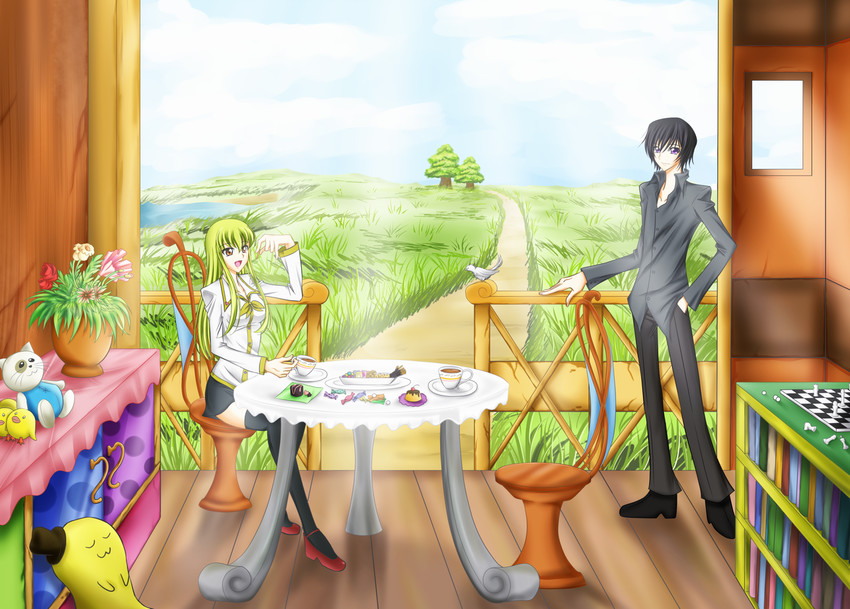 c.c., lelouch vi britannia, and cheese-kun (code geass) drawn by ccllsaikou