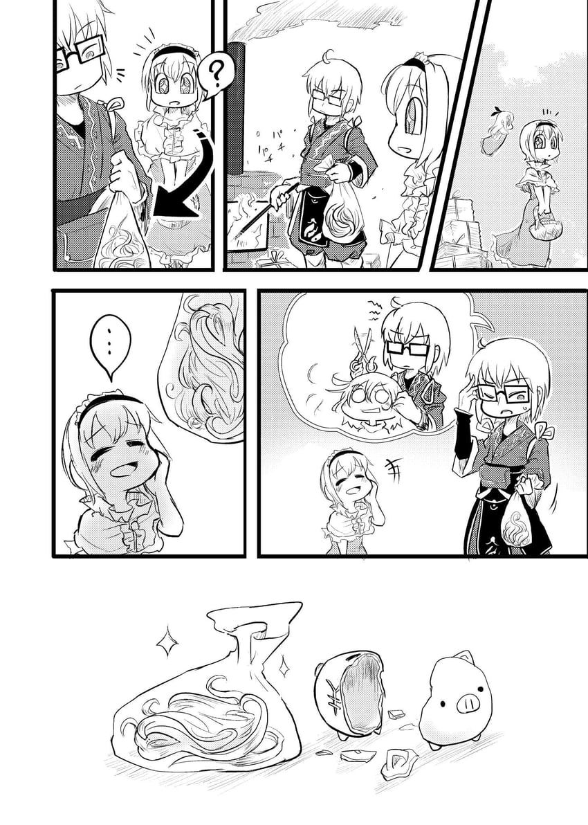 kirisame marisa, alice margatroid, morichika rinnosuke, and shanghai doll (touhou) drawn by chamaji