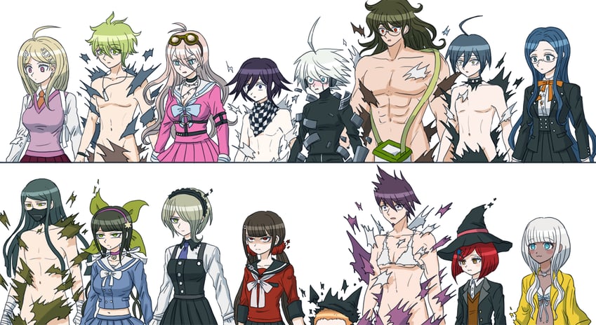 oma kokichi, saihara shuichi, akamatsu kaede, harukawa maki, momota kaito, and 11 more (danganronpa and 1 more) drawn by gohan_(8823cobalt)