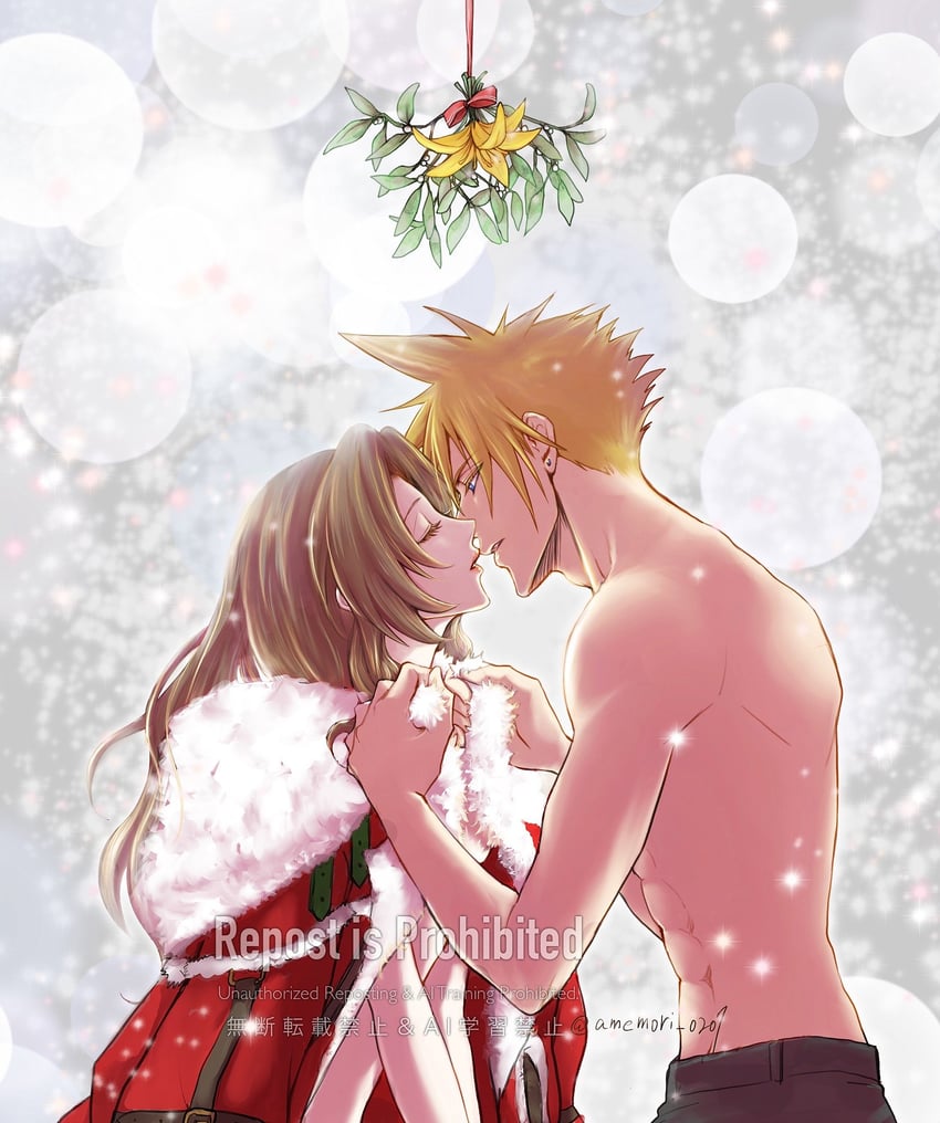 cloud strife and aerith gainsborough (final fantasy and 2 more) drawn by amemori_0207