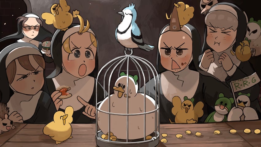 clumsy nun, froggy nun, sheep nun, glasses nun, and hungry nun (little nuns) drawn by diva_(hyxpk)
