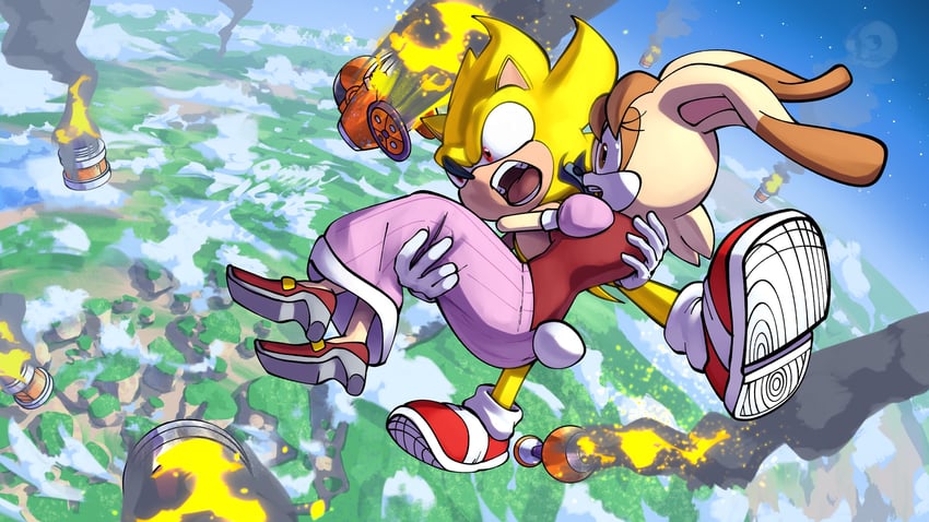 sonic the hedgehog, super sonic, and vanilla the rabbit (sonic and 2 more) drawn by sammytighe