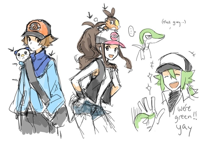 hilda, hilbert, n, oshawott, snivy, and 1 more (pokemon and 1 more) drawn by weee_(raemz)