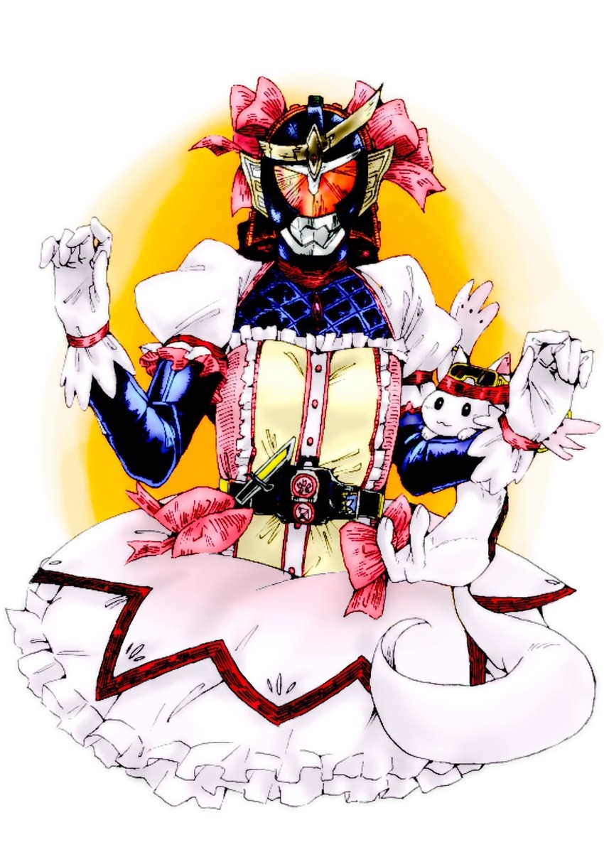 kaname madoka, kyubey, kamen rider gaim, urobuchi gen, and dj sagara (mahou shoujo madoka magica and 2 more) drawn by oboreku2