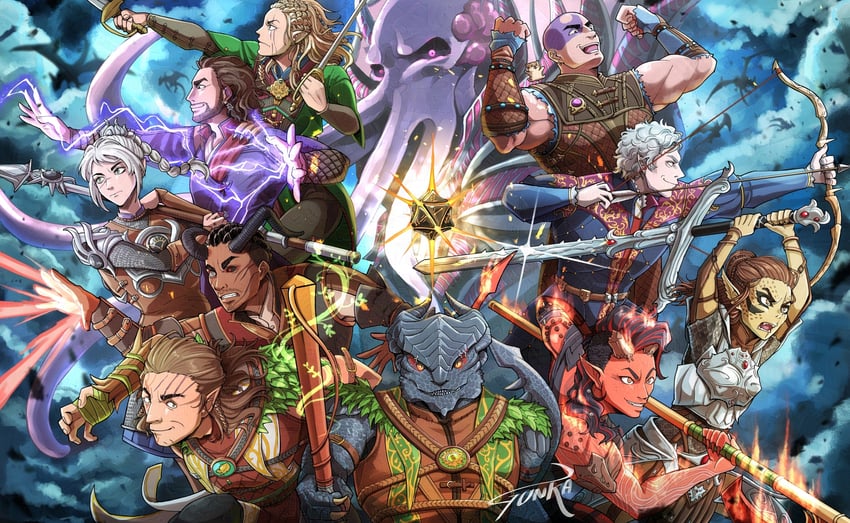 karlach, astarion, halsin, tav, lae'zel, and 5 more (dungeons & dragons and 2 more) drawn by gunka_(maggot0111)
