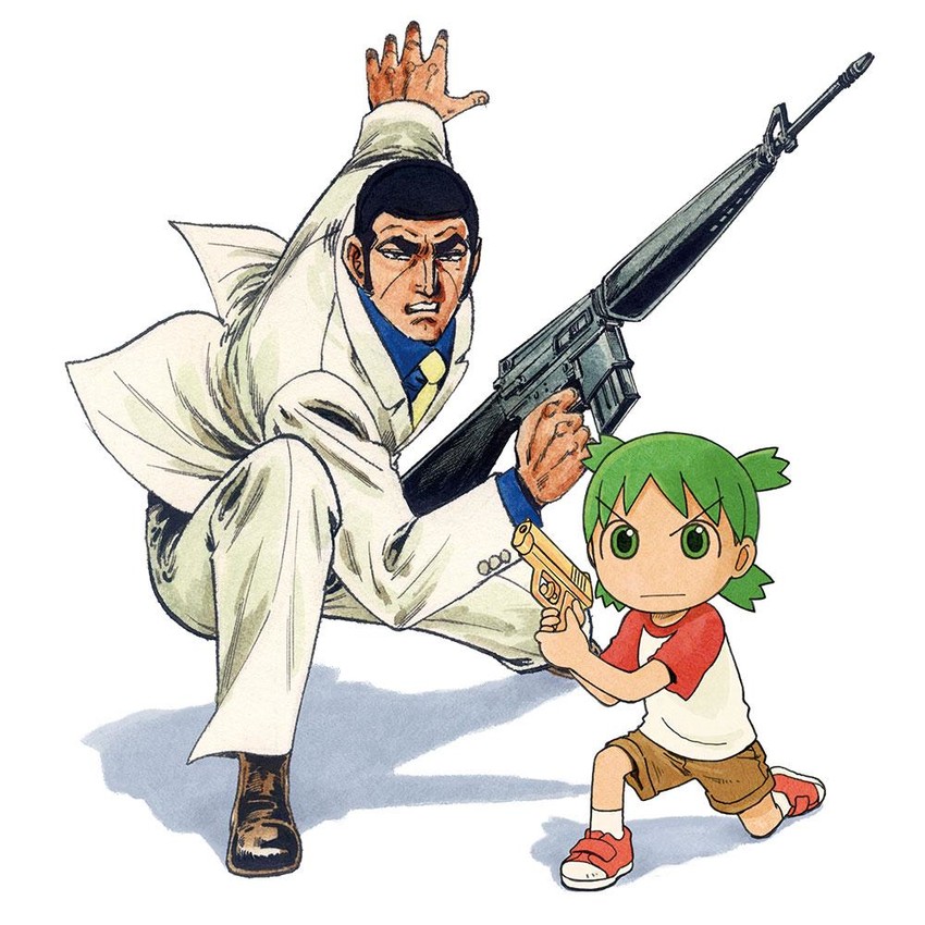 koiwai yotsuba and duke tougou (yotsubato! and 1 more) drawn by azuma_kiyohiko and saitou_takao