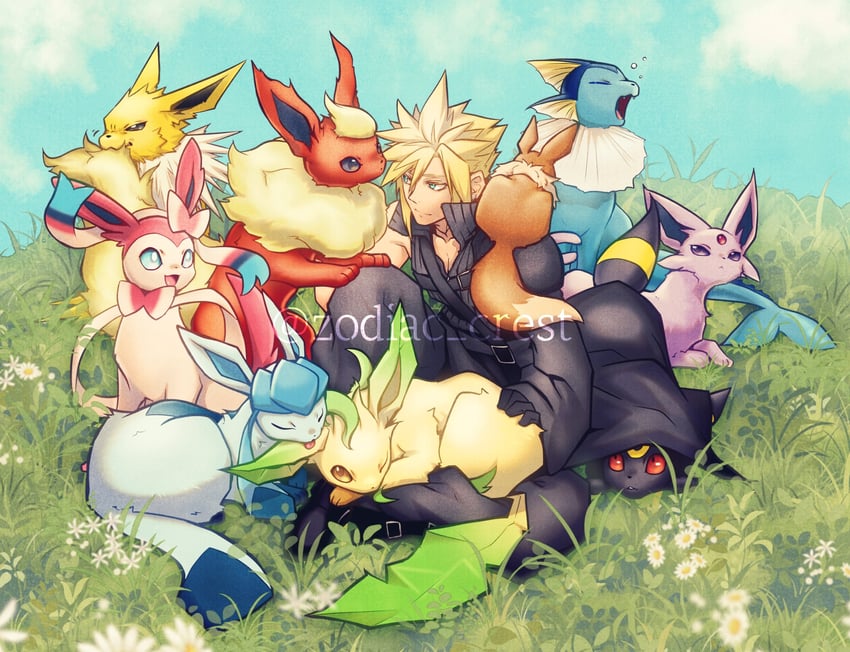 cloud strife, eevee, sylveon, umbreon, glaceon, and 5 more (pokemon and 3 more) drawn by rukashio