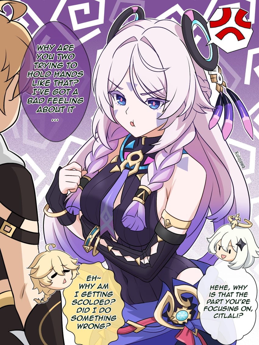 aether, paimon, and citlali (genshin impact) drawn by kulojawa