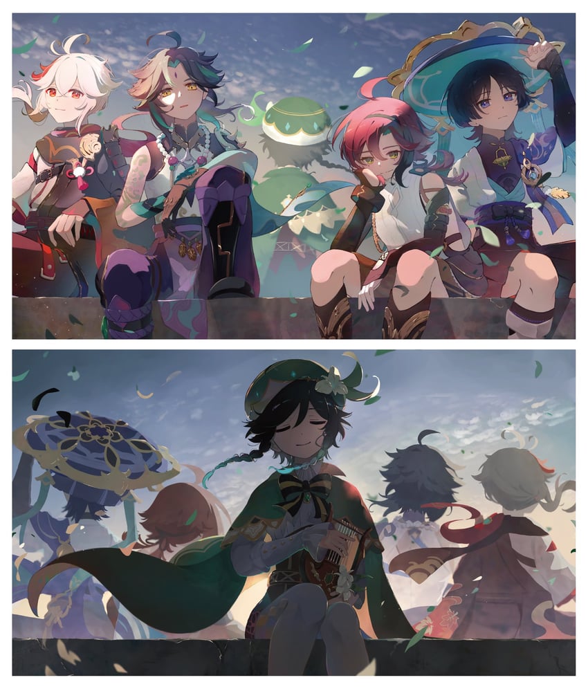 scaramouche, wanderer, venti, xiao, kaedehara kazuha, and 1 more (genshin impact) drawn by yu_no6767