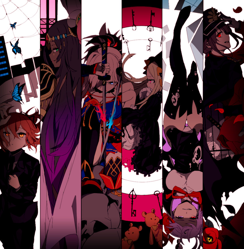 fujimaru ritsuka, abigail williams, bb, miyamoto musashi, oda nobukatsu, and 1 more (fate and 1 more) drawn by hiiragi_fuyuki