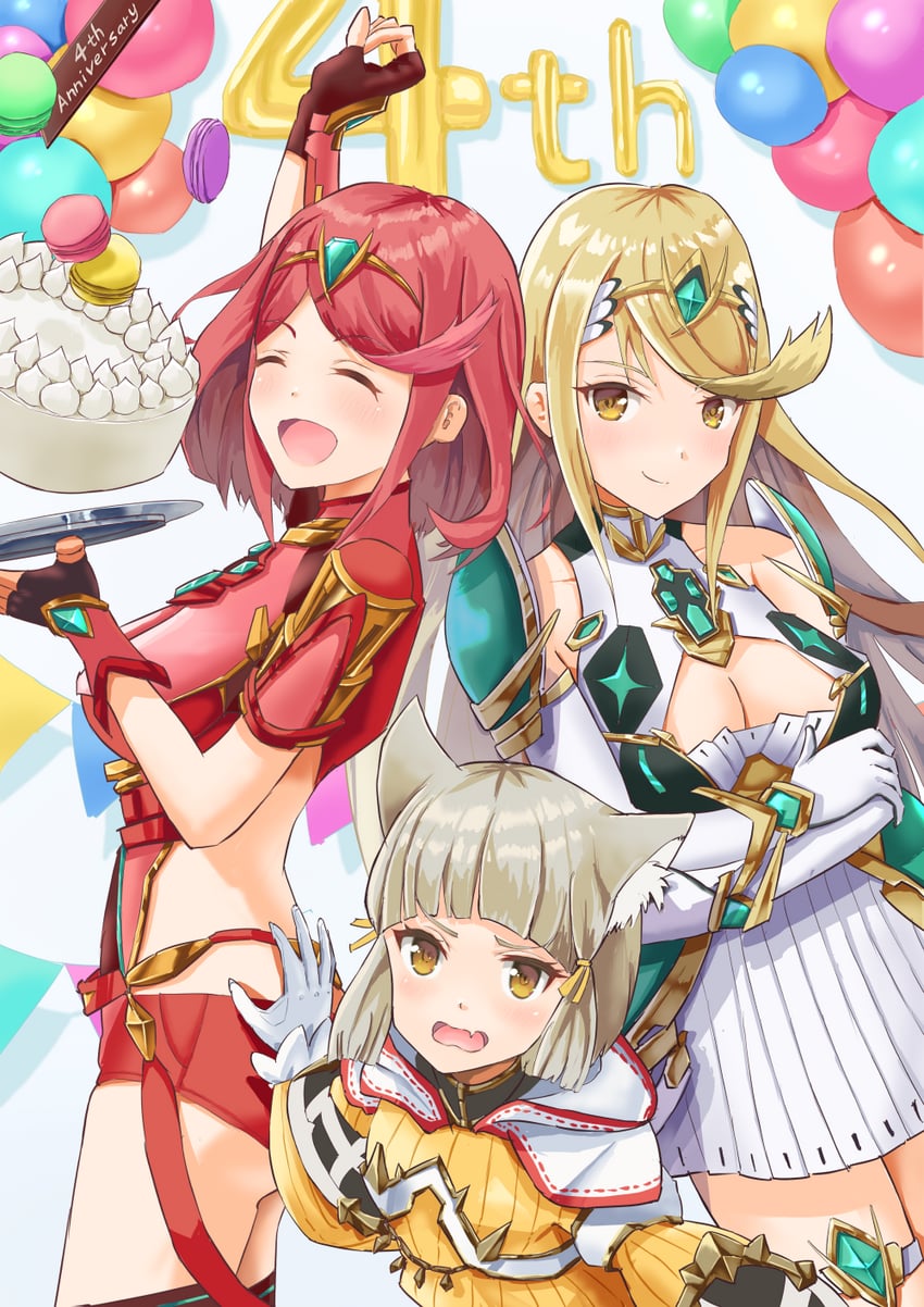 pyra, mythra, and nia (xenoblade chronicles and 1 more) drawn by sawayakakatsu