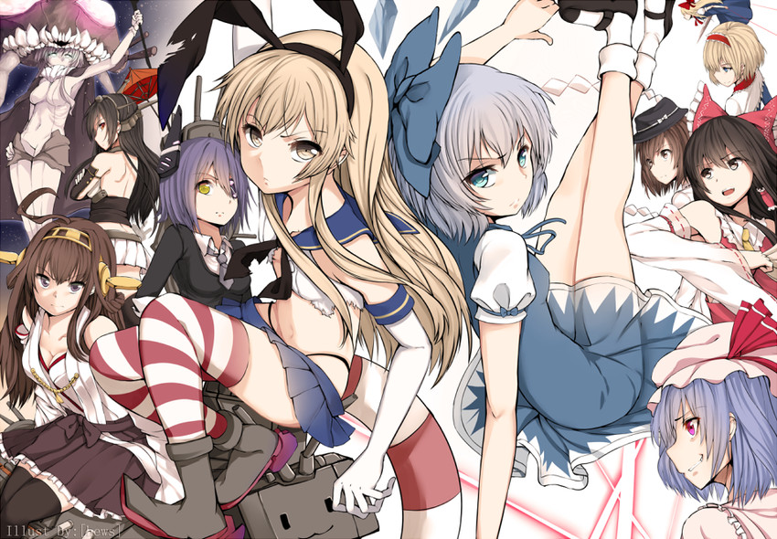 hakurei reimu, remilia scarlet, cirno, alice margatroid, shimakaze, and 6 more (touhou and 1 more) drawn by hews