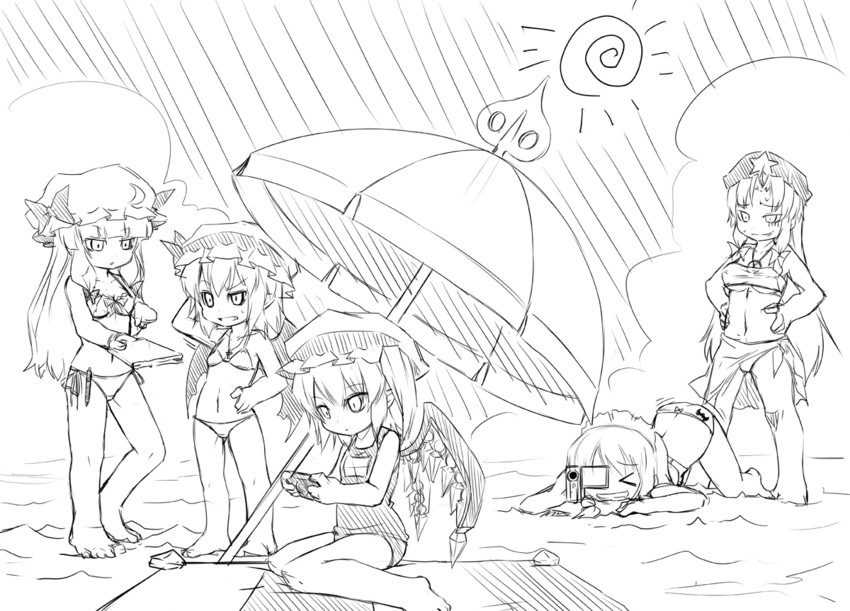 remilia scarlet, flandre scarlet, izayoi sakuya, patchouli knowledge, and hong meiling (touhou) drawn by noya_makoto