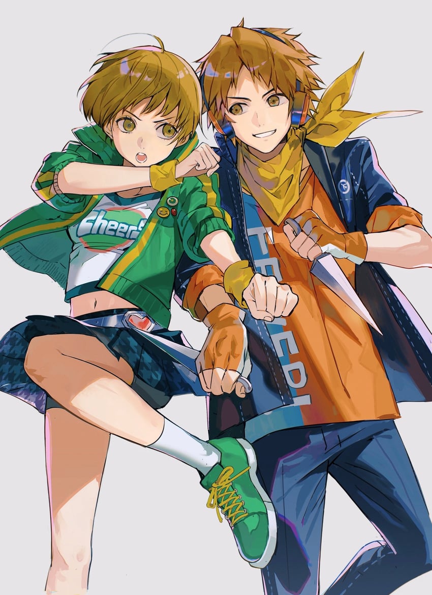 satonaka chie and hanamura yousuke (persona and 3 more) drawn by ketaku0404