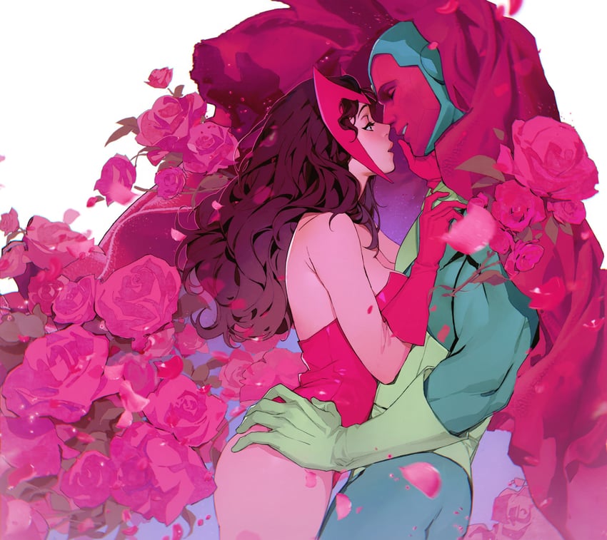 wanda maximoff, scarlet witch, and vision (marvel and 2 more) drawn by ahr-errslance