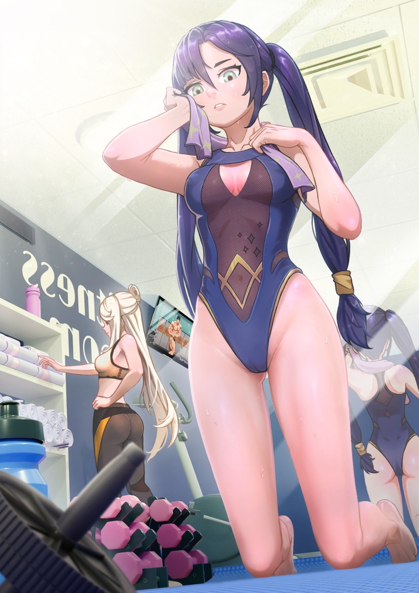 mona, ningguang, and machio naruzou (genshin impact and 1 more) drawn by songjo
