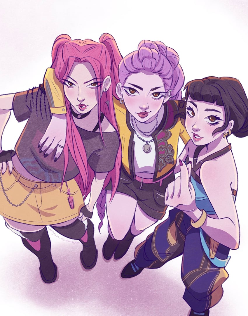 rumi, zoey, and mira (kpop demon hunters) drawn by tangerin_art