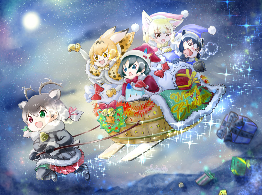 serval, kaban, common raccoon, fennec, lucky beast, and 1 more (kemono friends) drawn by chiffon