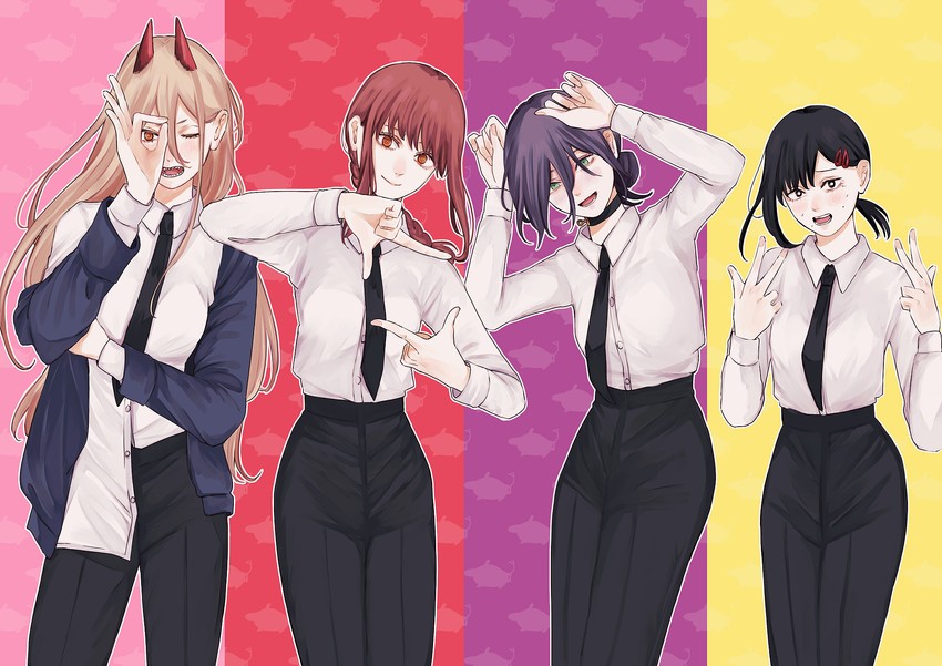 makima, power, reze, higashiyama kobeni, and pochita (chainsaw man) drawn by kotochi_re