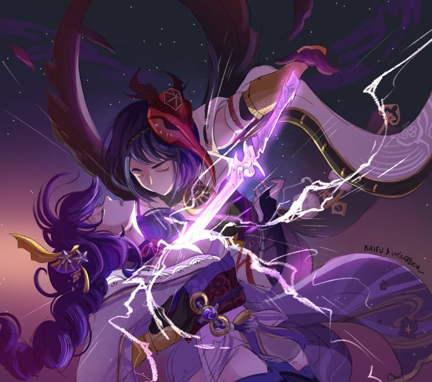 raiden shogun and kujou sara (genshin impact and 1 more) drawn by kaifu_ato and windbloomart