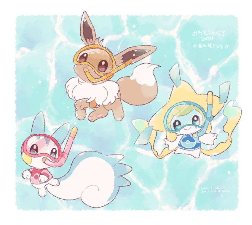 eevee, jirachi, and pachirisu (pokemon) drawn by mkt_(buizu-miki)