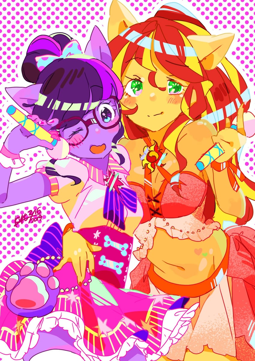 twilight sparkle, sunset shimmer, and sci-twi (my little pony and 2 more) drawn by ku_rimo