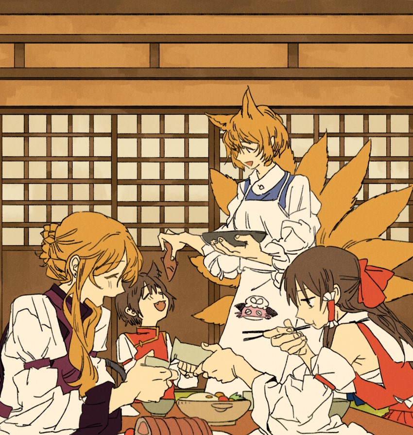 hakurei reimu, yakumo yukari, yakumo ran, and chen (touhou) drawn by huang_gua
