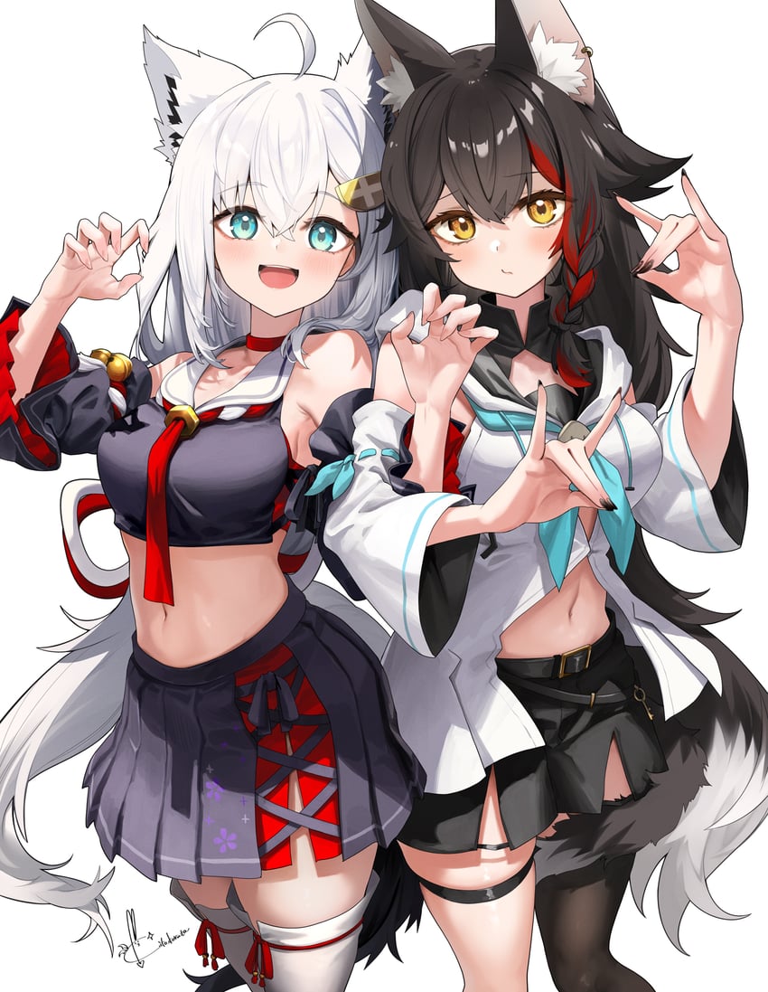 shirakami fubuki and ookami mio (hololive) drawn by kito_koruta