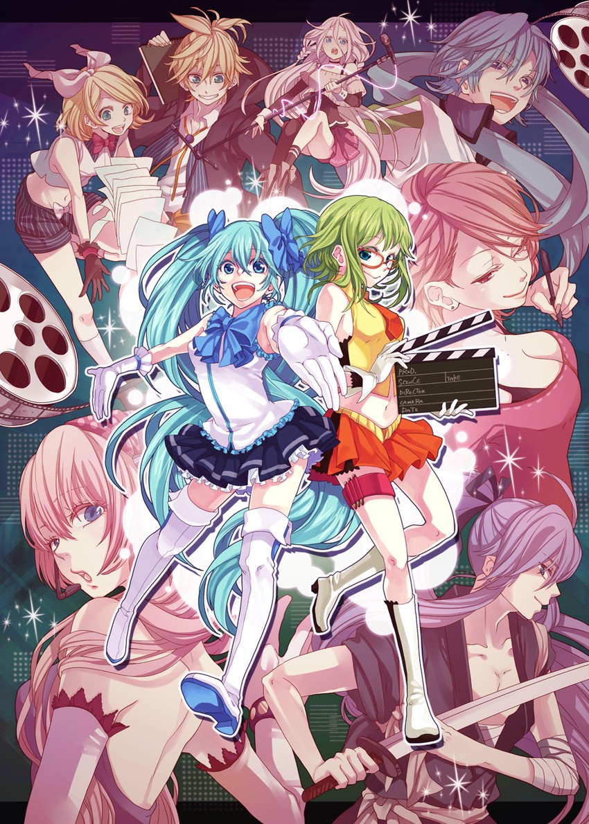 hatsune miku, kagamine rin, kagamine len, megurine luka, kaito, and 4 more (vocaloid) drawn by yamako_(state_of_children)